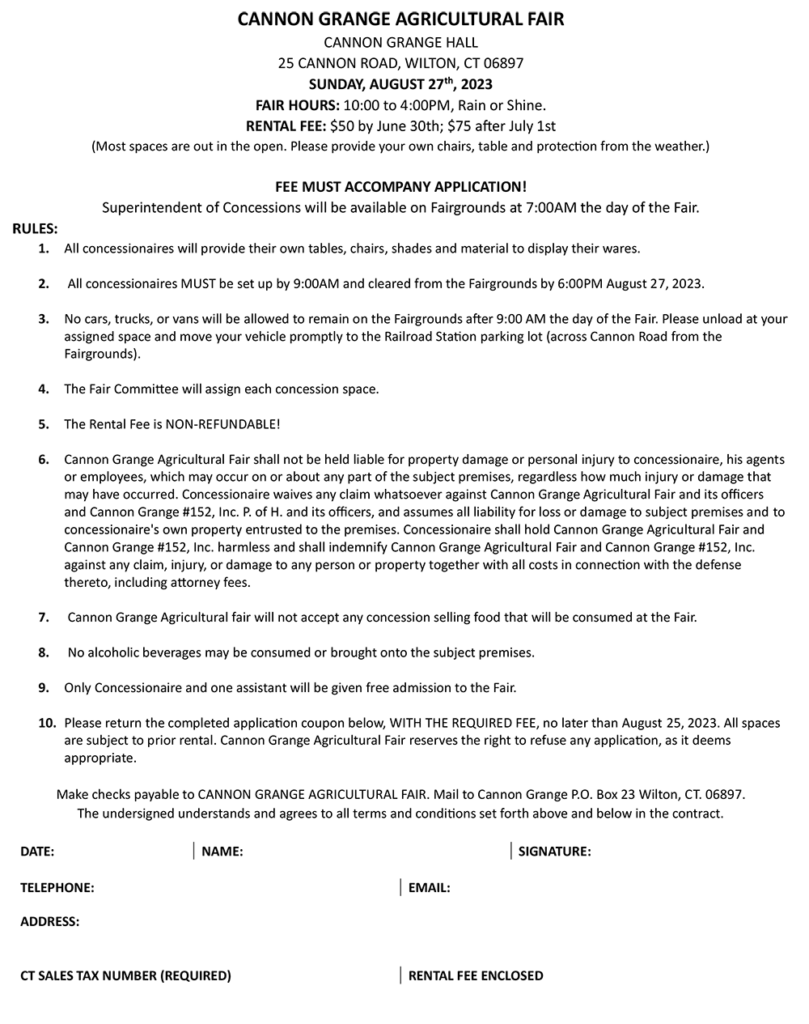 CANNON GRANGE AGRICULTURAL FAIR vendor agreement